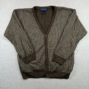 VTG 90s Jantzen Classics Brown Geometric Knit Grandpa Cardigan Sweater Men Large